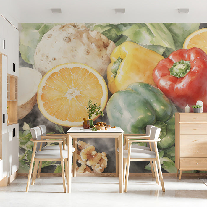 Dining room accent wall with fresh fruit and vegetable watercolor illustration mural