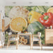 Dining room accent wall with fresh fruit and vegetable watercolor illustration mural