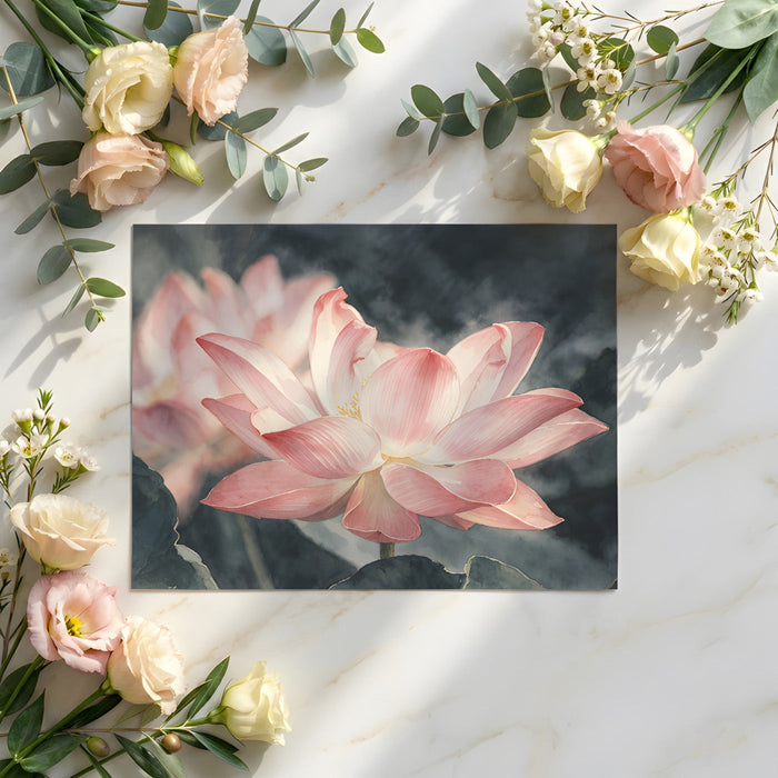 Soft watercolor lotus mural as a feature wall in a relaxing home spa or bathroom