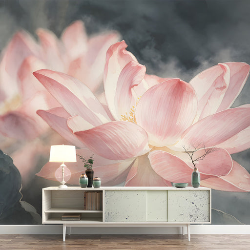 Artistic lotus flower wallpaper design in a sophisticated bedroom with dark wood accents