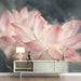 Artistic lotus flower wallpaper design in a sophisticated bedroom with dark wood accents