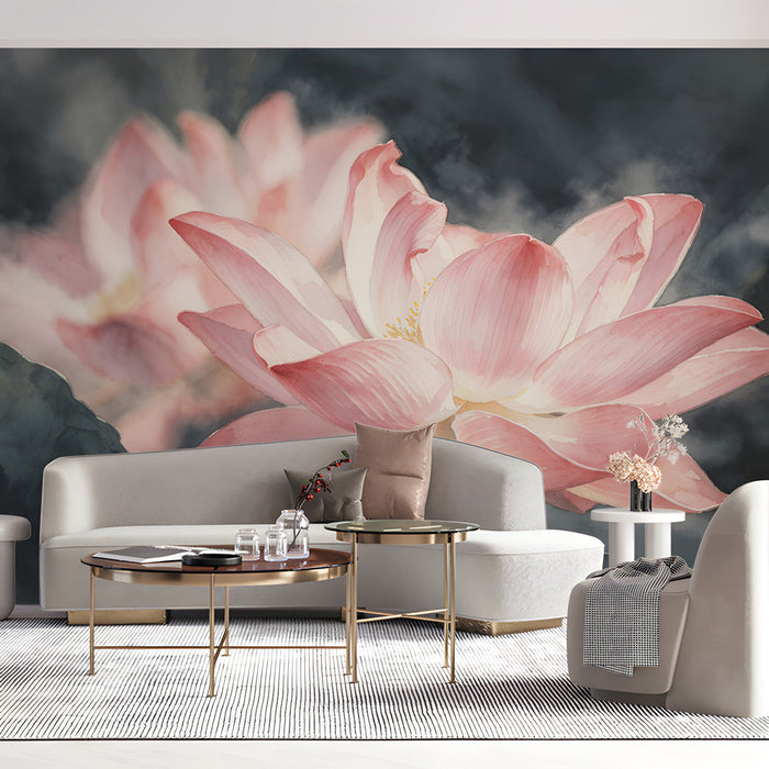 Moody floral wallpaper featuring pink lotus flowers installed in a modern living room with velvet bedding