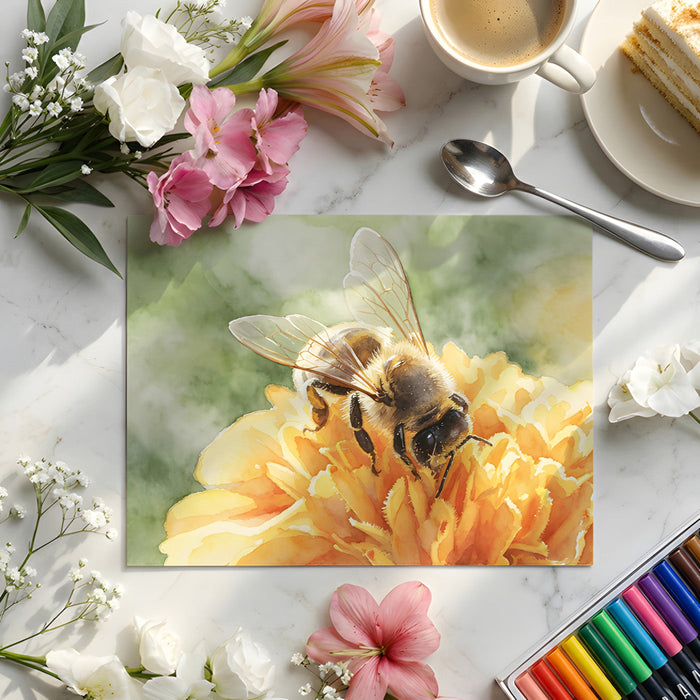 Nature-inspired floral mural featuring a bee in a light-filled home office workspace.