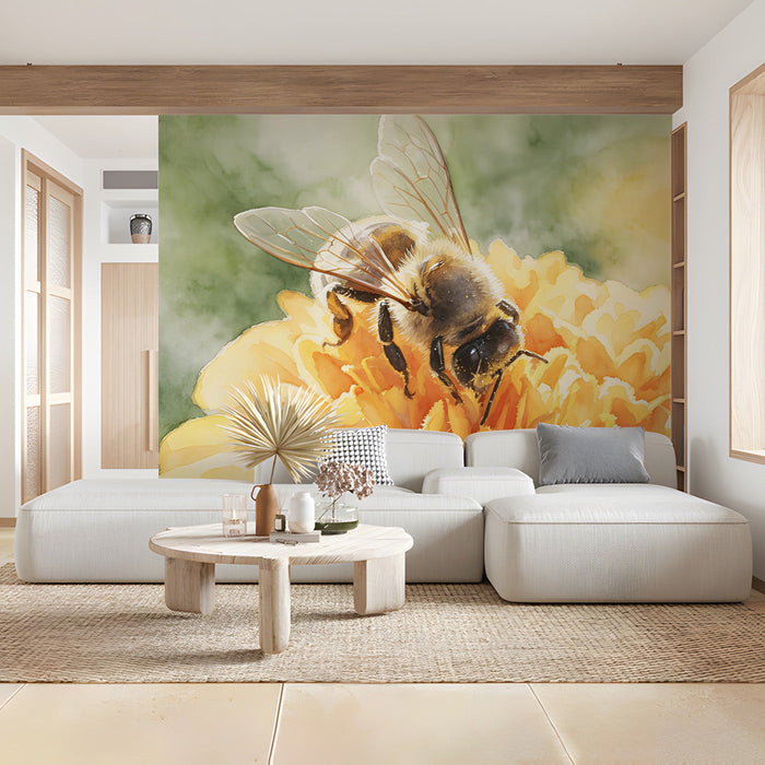 Soft-toned botanical bee wallpaper mural displayed in a sunny  commercial space corner.