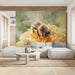 Soft-toned botanical bee wallpaper mural displayed in a sunny  commercial space corner.