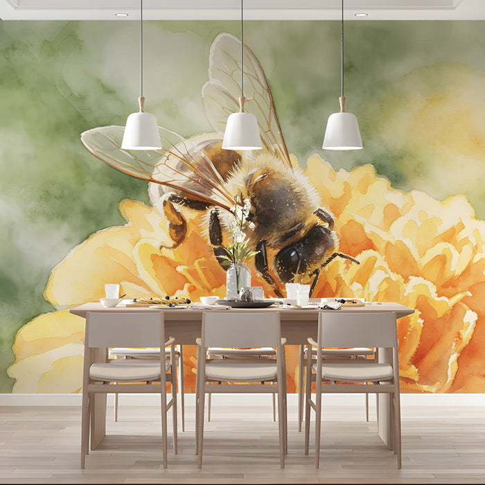 Watercolor honeybee mural installed behind a bright breakfast dining room table.