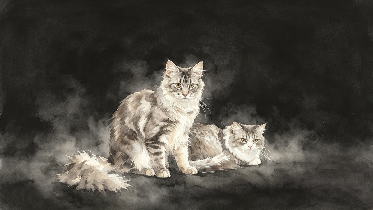 Watercolor painting style mural featuring two Maine Coon cats on a dark, charcoal-colored atmospheric background.
