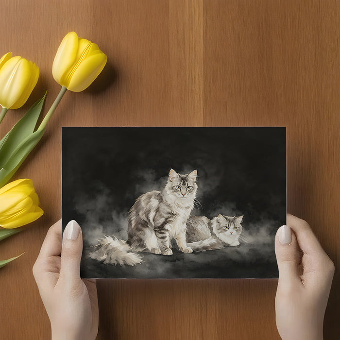 A sophisticated bedroom interior with a Maine Coon watercolor wallpaper focal wall and neutral bedding.