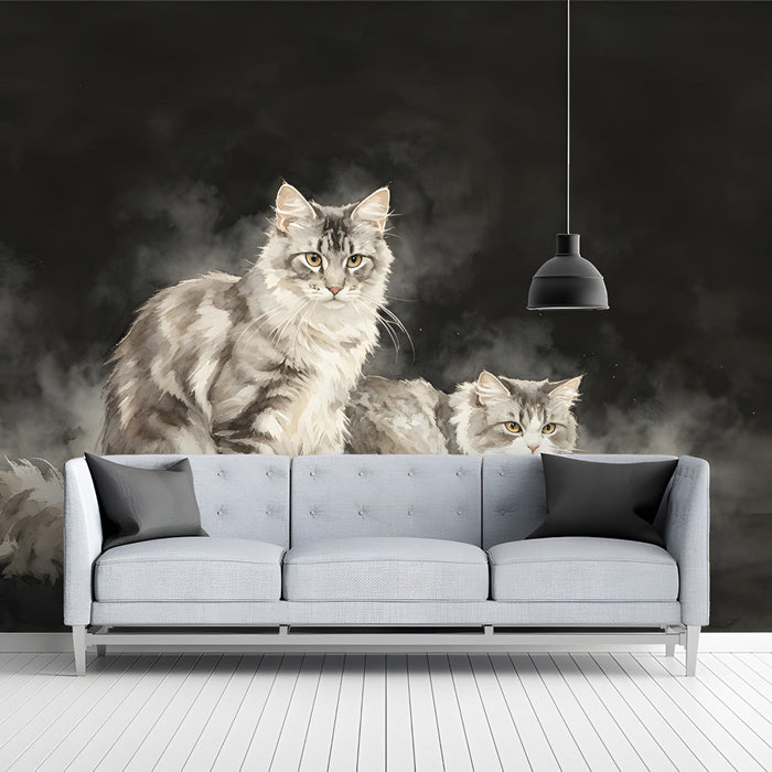 A moody entryway design with a feline-themed wall mural and dark wood furniture for an academic feel.