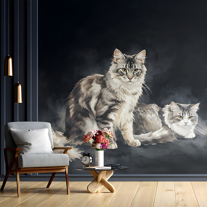 A cozy library reading nook featuring a dark feline-themed mural as a statement wall behind a velvet armchair.