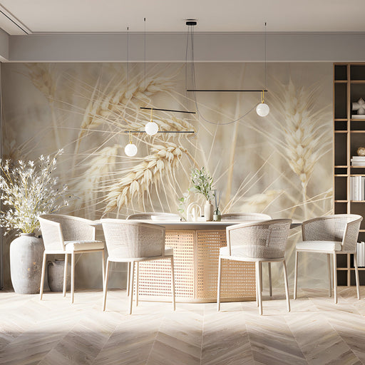 An airy home office setup with a natural wheat grain wallpaper background, creating a calm and focused work environment.