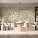 An airy home office setup with a natural wheat grain wallpaper background, creating a calm and focused work environment.