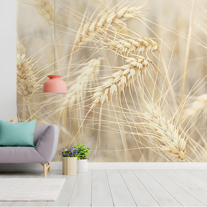 A bright study featuring a neutral wheat mural as an elegant accent wall behind a rustic wooden table.