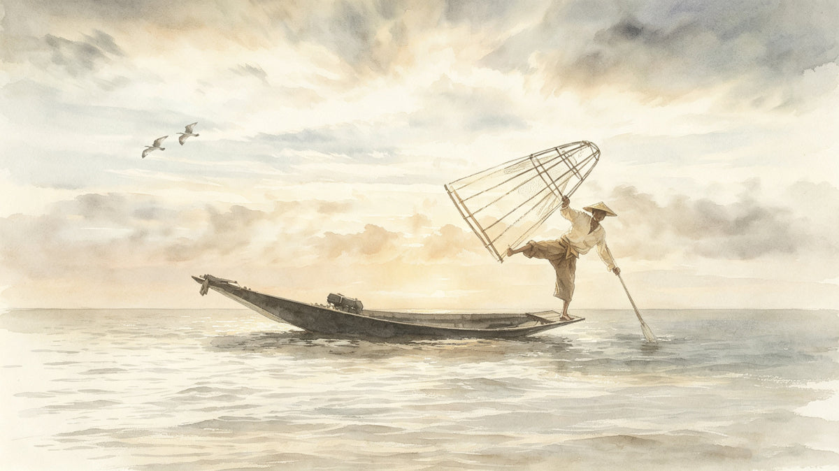 Watercolor mural of a fisherman on a boat at sunrise with soft amber and gray tones