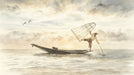 Watercolor mural of a fisherman on a boat at sunrise with soft amber and gray tones