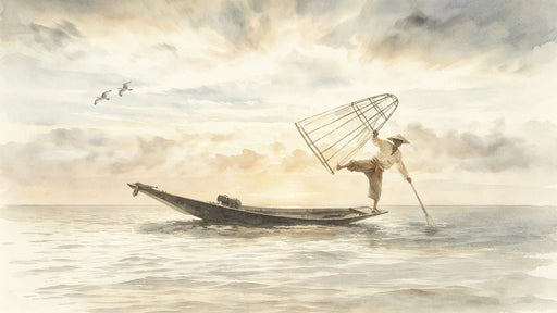 Watercolor mural of a fisherman on a boat at sunrise with soft amber and gray tones