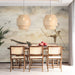 Dining room with an expansive watercolor ocean mural creating a peaceful workspace