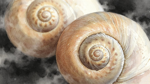 Macro watercolor painting of spiral seashells in ochre and beige against a charcoal gray ink wash background