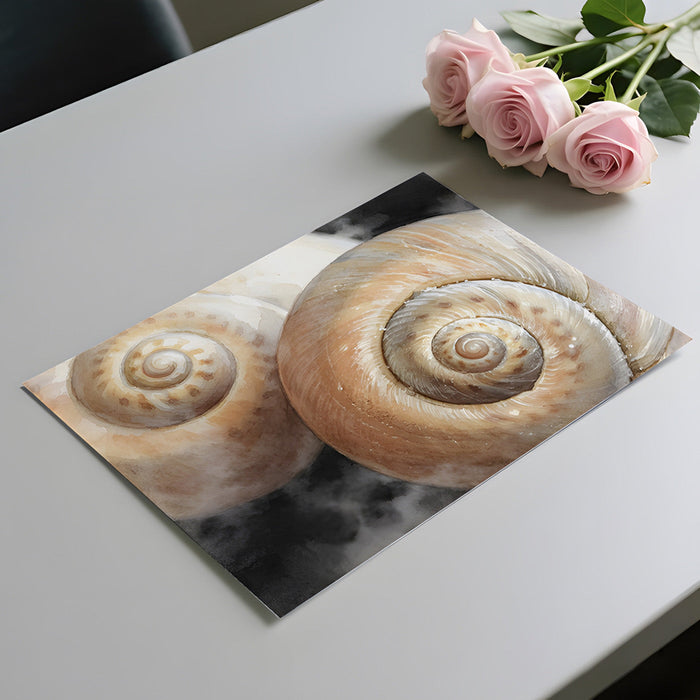 Coastal bedroom featuring a large scale seashell mural above a neutral upholstered headboard