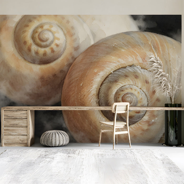 Modern study with a dramatic seashell accent wall and dark furniture