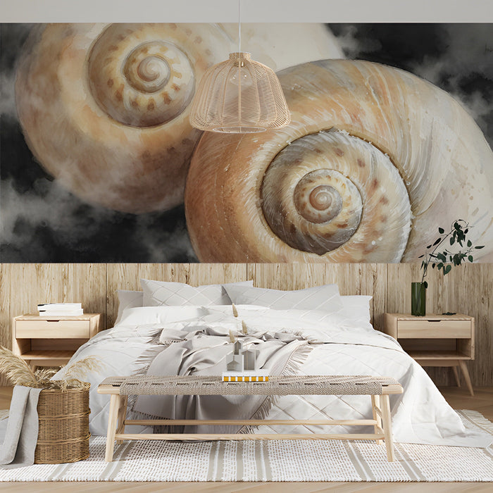 Close up of seashell wall mural installed in a minimalist bedroom with wood accents