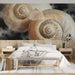 Close up of seashell wall mural installed in a minimalist bedroom with wood accents