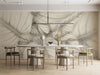 Modern home office featuring a neutral leaf wallpaper mural on a feature wall.