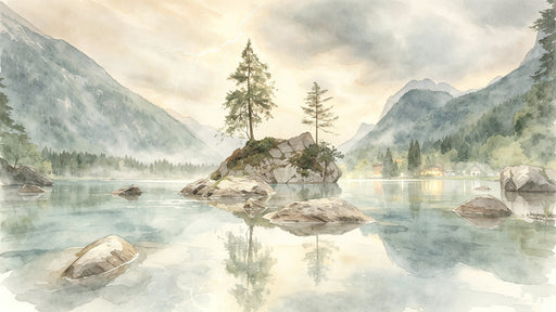 A watercolor mural featuring a misty alpine lake, rocky islands with pine trees, and a distant lightning strike in soft gray tones.