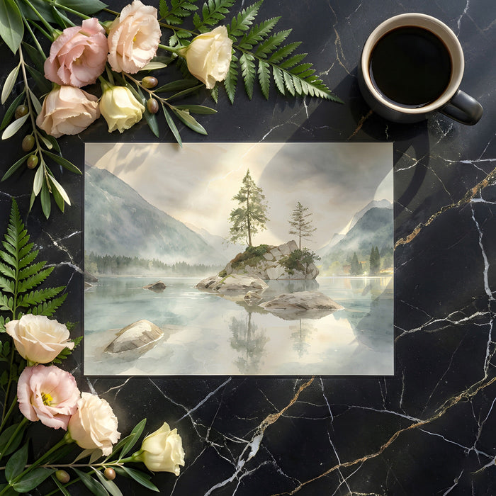 A home study featuring the mountain landscape wallpaper as a calming backdrop for a desk and leather chair.