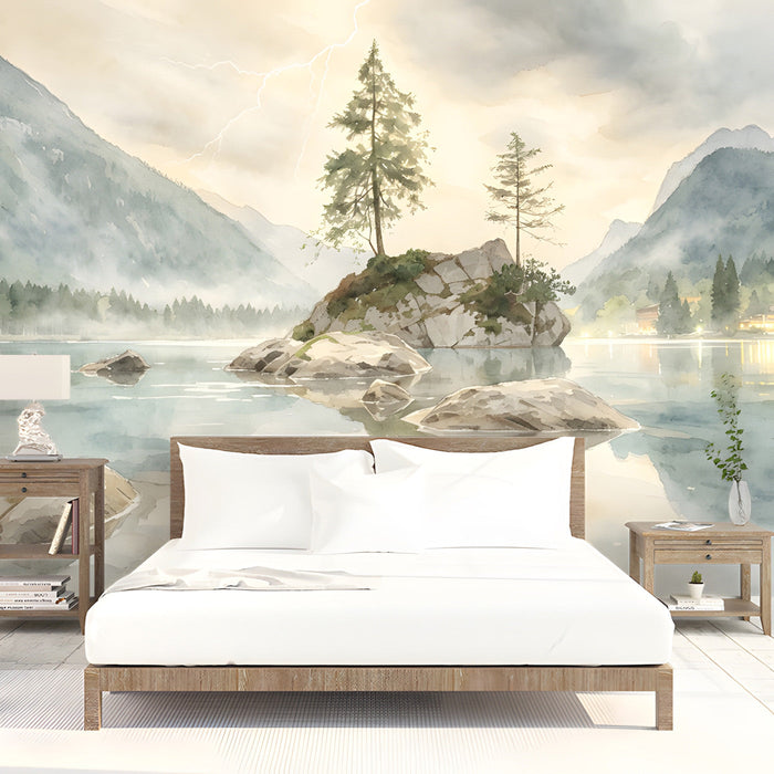 The watercolor nature mural covering a bedroom wall, paired with soft neutral sofas and indoor plants.