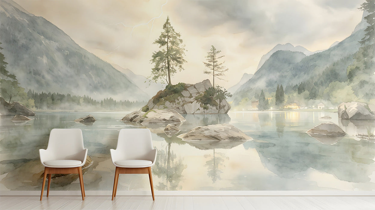 The alpine lake mural installed as a feature wall in an entryway with natural wood furniture.