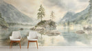 The alpine lake mural installed as a feature wall in an entryway with natural wood furniture.