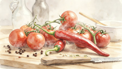 Watercolor painting pattern featuring red tomatoes, green stems, and a red chili on a wooden cutting board