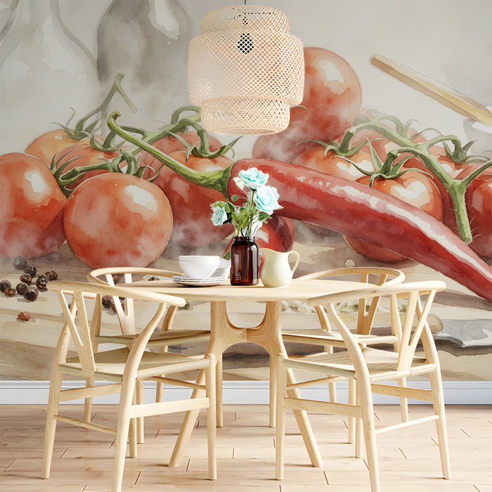 Artistic produce wallpaper in a modern dining room with cream cabinets