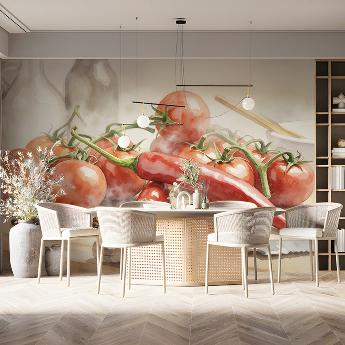 Close up of tomato and chili wallpaper in a sunlit office setting