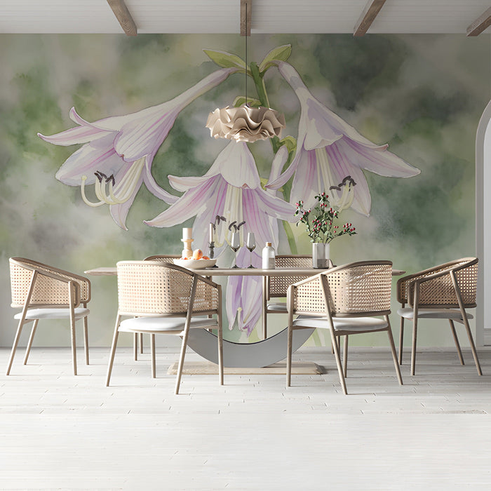A dining room with a watercolor lily feature wall and light oak table settings.