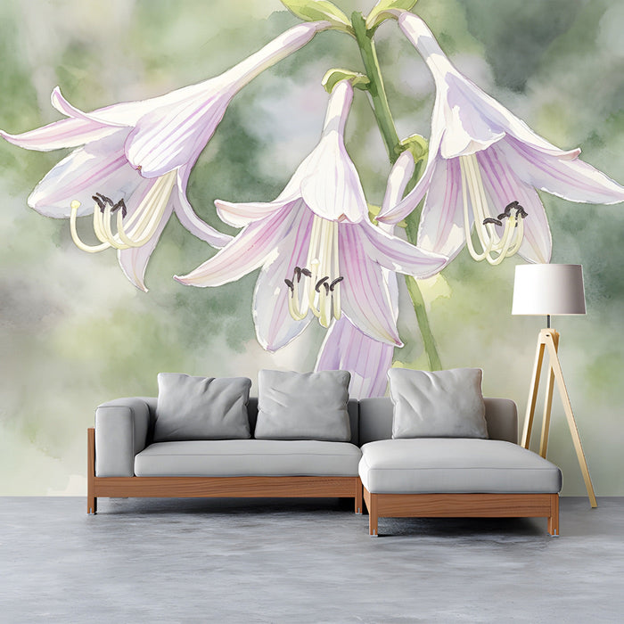 A bright study featuring the watercolor lily floral mural behind a tufted headboard.