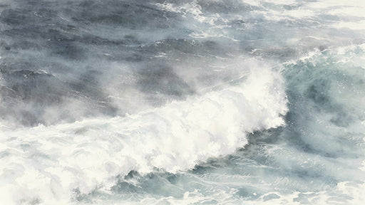 Watercolor mural of a stormy ocean wave in slate blue and white foam