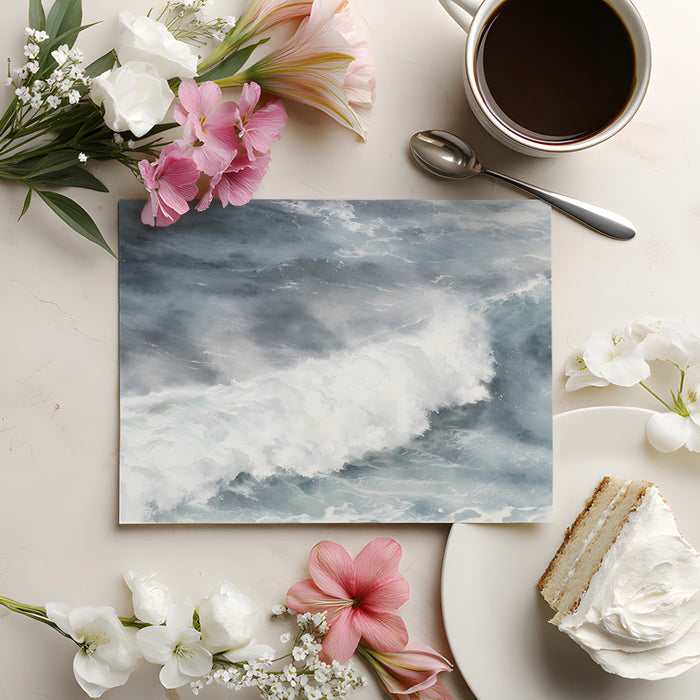 Coastal inspired bathroom with ocean wave watercolor mural feature wall
