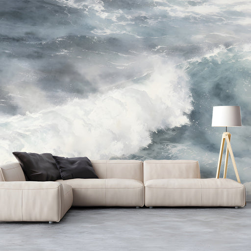 Home cinema interior featuring an artistic blue ocean wave wall mural