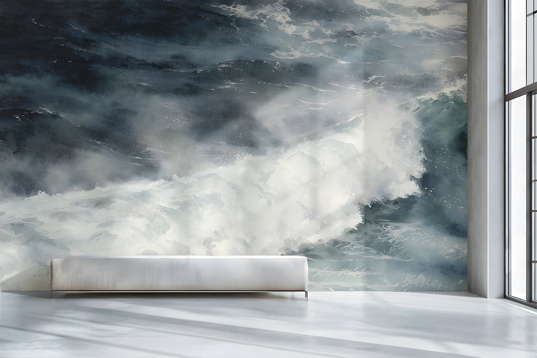 Stormy ocean wave mural installed in a modern minimalist hallway