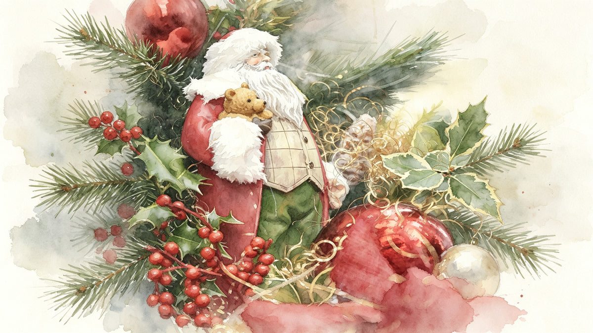 Watercolor mural featuring Father Christmas, holly berries, and evergreen branches in soft vintage tones.