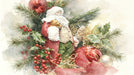 Watercolor mural featuring Father Christmas, holly berries, and evergreen branches in soft vintage tones.