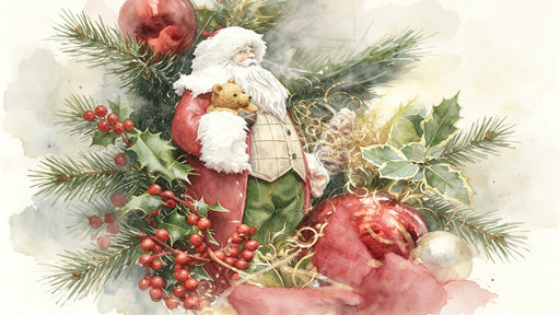 Watercolor mural featuring Father Christmas, holly berries, and evergreen branches in soft vintage tones.