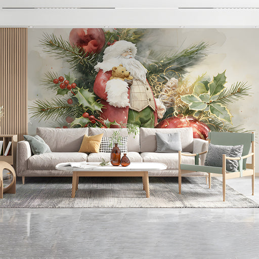 Welcoming holiday living room decorated with a soft, vintage-style Father Christmas mural.