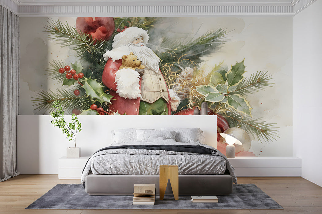 Festive bedroom featuring a vintage Christmas watercolor mural on the main accent wall.