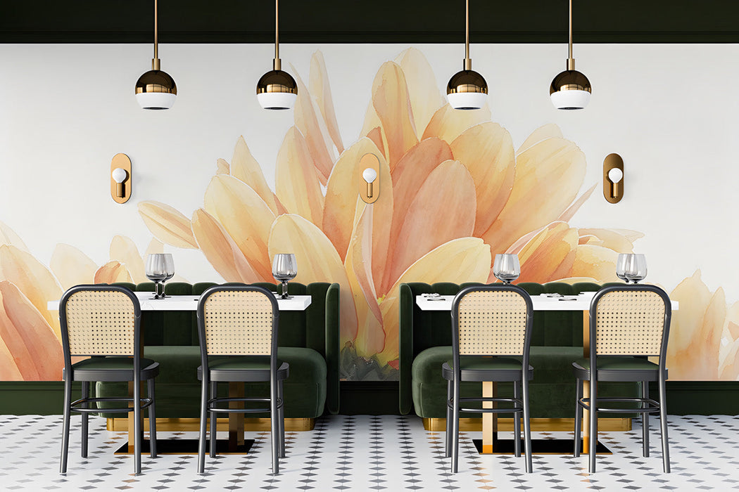 Watercolor floral mural installed in a minimalist sun-filled restaurant