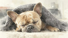 A watercolor mural showing a sleeping fawn French bulldog tucked under a dark charcoal blanket.