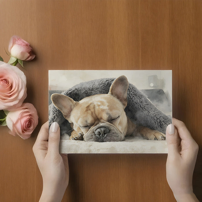 A calm bedroom wall with a watercolor French bulldog mural behind a plush headboard.