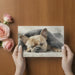 A calm bedroom wall with a watercolor French bulldog mural behind a plush headboard.